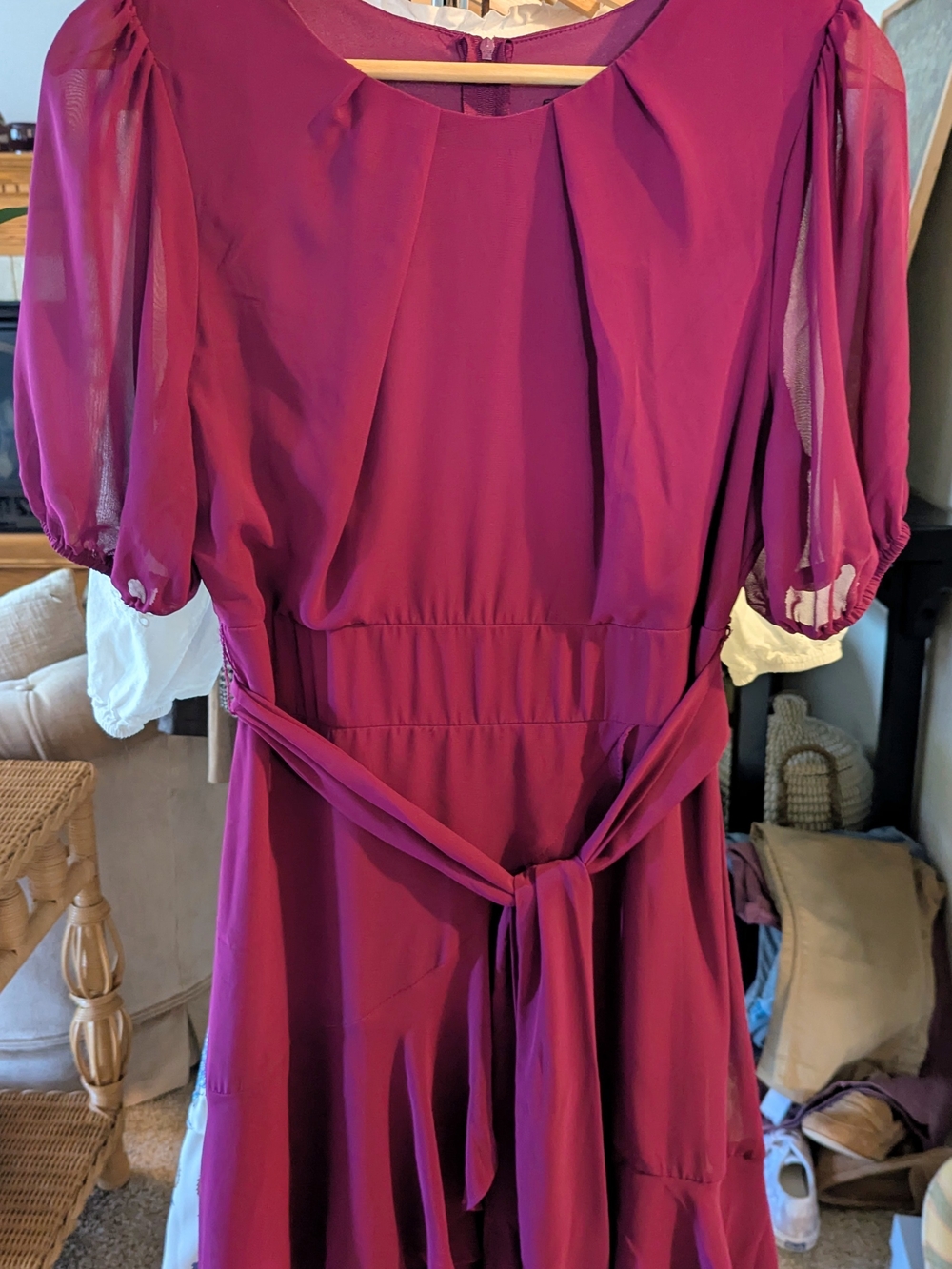 B Darlin Magenta Dress with Puff Sheer Sleeves and Waist Tie